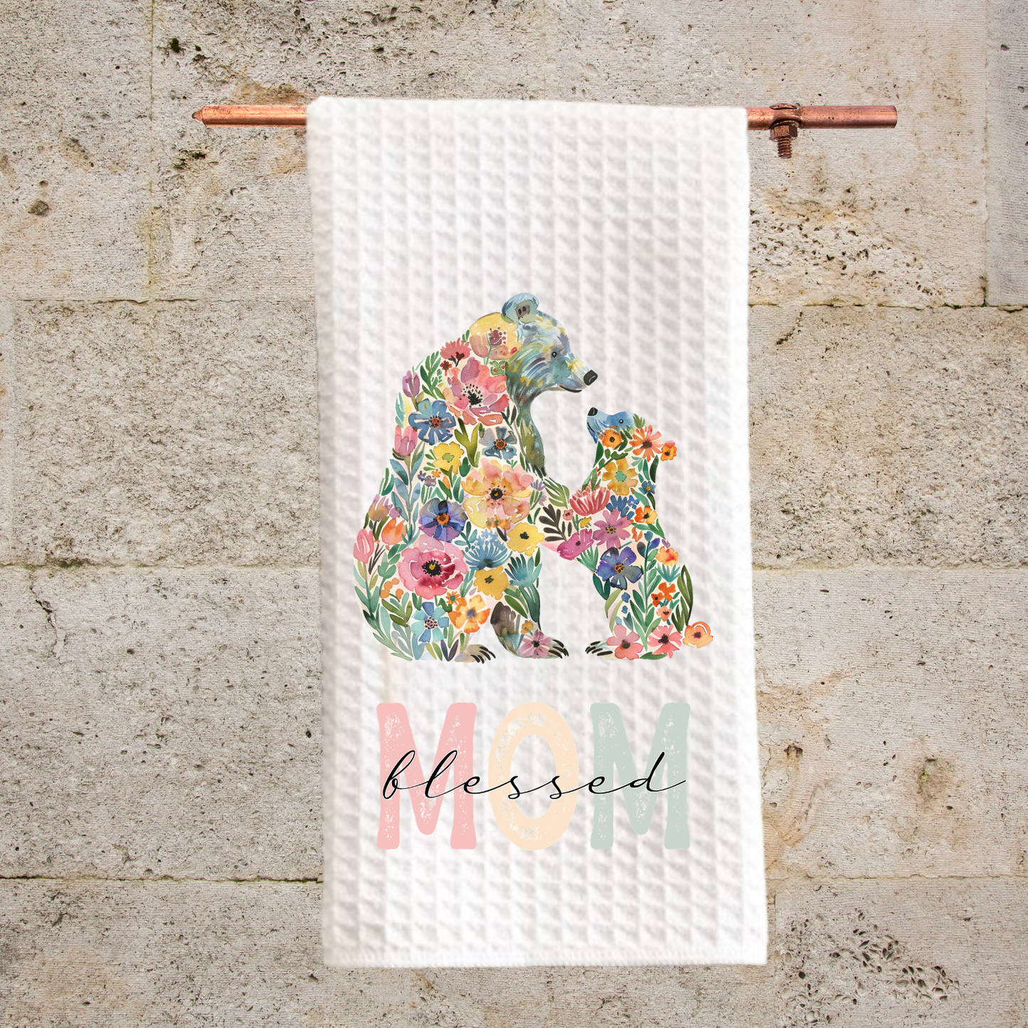 Blessed Mom Floral Bear Kitchen Towel