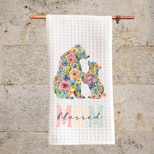 Blessed Mom Floral Bear Kitchen Towel