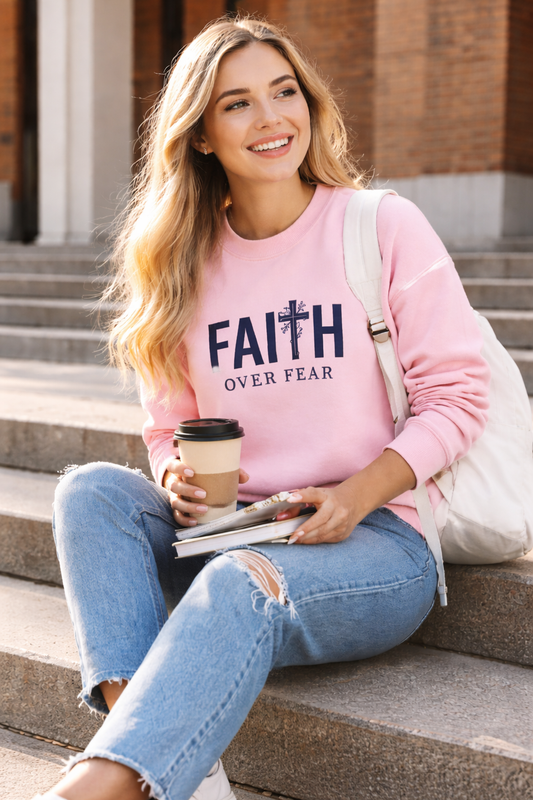 Faith Over Fear Crewneck Sweatshirt – Christian Graphic Sweatshirt (Pink)