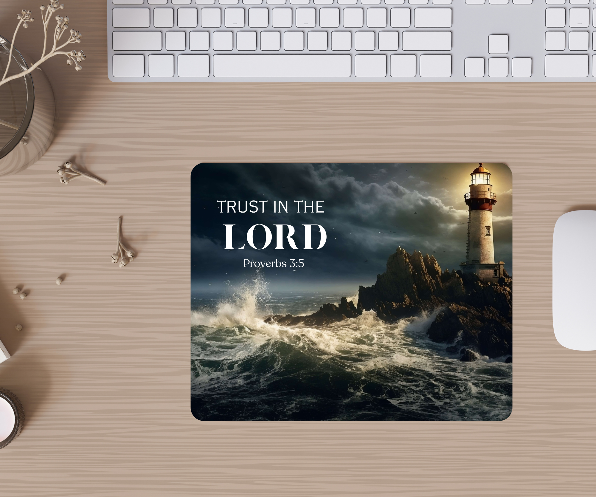 Desk setup with a mouse pad featuring a lighthouse design and motivational quote.